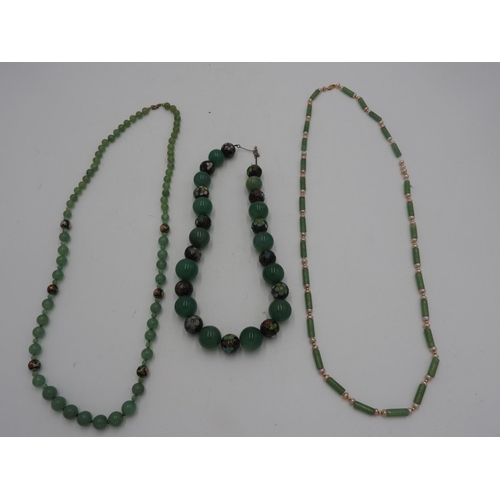 590 - GRADUATED JADE AND CLOISONNE BEAD NECKLACE AND SIMILAR SMALLER BEAD NECKLACE, and a jade and pearl n... 