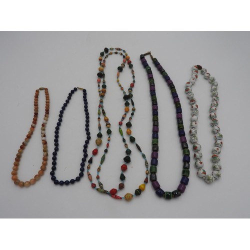 591 - FIVE HARDSTONE NECKLACES, CERAMIC BEAD NECKLACE, and eight other costume necklaces