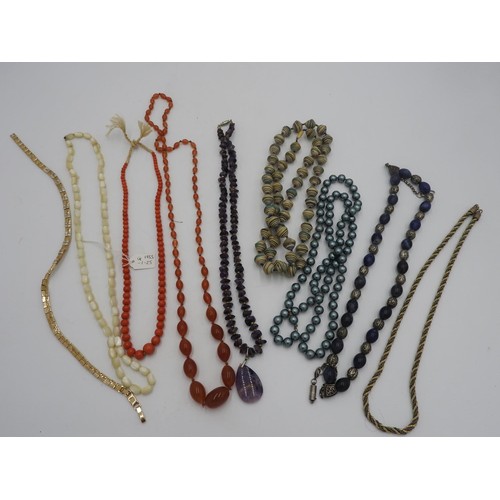 591 - FIVE HARDSTONE NECKLACES, CERAMIC BEAD NECKLACE, and eight other costume necklaces