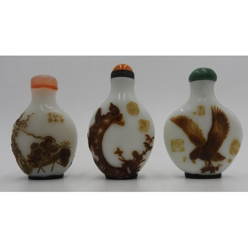 111 - THREE WHITE GLASS WITH SEPIA OVERLAY SNUFF BOTTLE, YANGZHOU SCHOOL STYLE19TH / 20TH CENTURY8cm high ... 