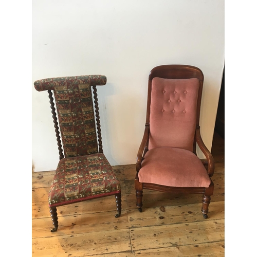 67 - VICTORIAN MAHOGANY SCROLL ARM NURSING CHAIR AND BOBBIN PILLAR PRIE DIEU CHAIR