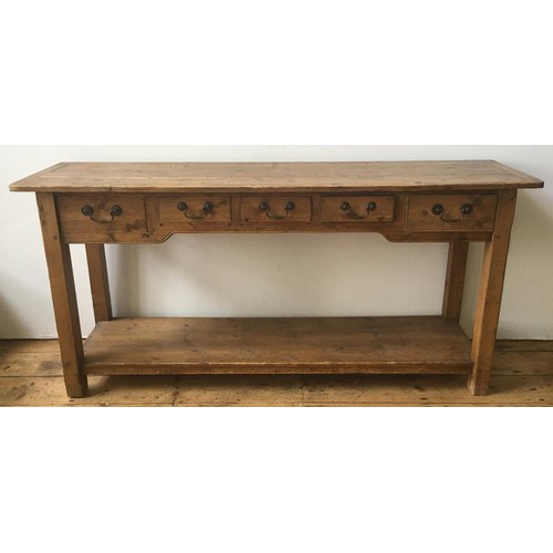 81 - 19th CENTURY WAXED PINE DRESSER BASE WITH OPEN SHELF BELOW AND FIVE DRAWERS, 77cm high, 163cm high, ... 