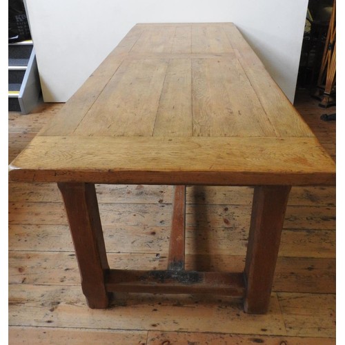 82 - A FRENCH 19th CENTURY OAK FARMHOUSE TABLE, with two side drawers and stretcher bar supporting square... 