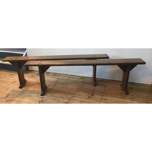 606 - A PAIR OF FRENCH 19th CENTURY OAK FARMHOUSE BENCHES, 172cm long