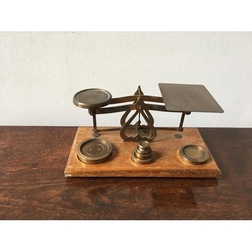 607 - VICTORIAN POST OFFICE SCALES AND BRASS WEIGHTS