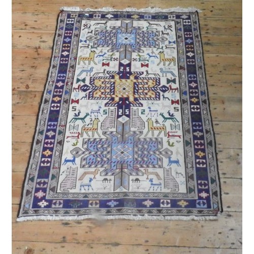 89 - KILIM RUG WITH CREAM GROUND, LAMAS AND HORSE DESIGN154 X 104 CM