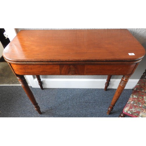 71 - GEORGE III MAHOGANY FOLD OUT TEA TABLE WITH TURNED LEGS AND INLAY