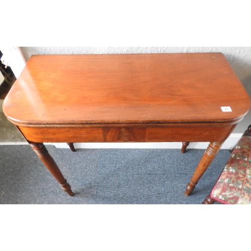 71 - GEORGE III MAHOGANY FOLD OUT TEA TABLE WITH TURNED LEGS AND INLAY