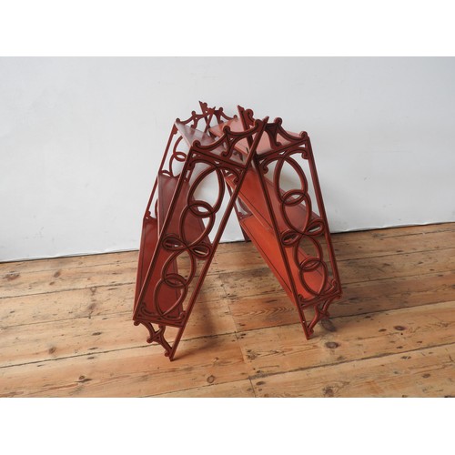 3 - PAIR OF RED PAINTED HANGING WALL SHELVES20TH CENTURYwith fret pierced sides67cm high, 69.5cm wide... 