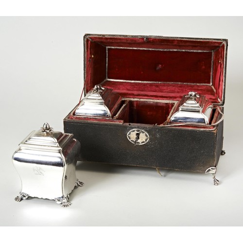 457 - A SET OF TWO CASED GEORGE III SILVER TEA CADDIES AND A SUGAR BOX, BY PIERRE GILLOIS, LONDON 1755,rec... 