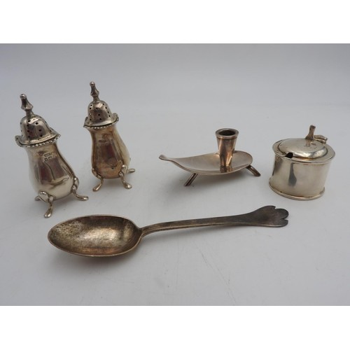 458 - TWO HALLMARK SILVER CONDIMENTS, SILVER SALT, SILVER TEA SPOON AND PLATED DANISH CANDLESTICK, 3.5oz (... 