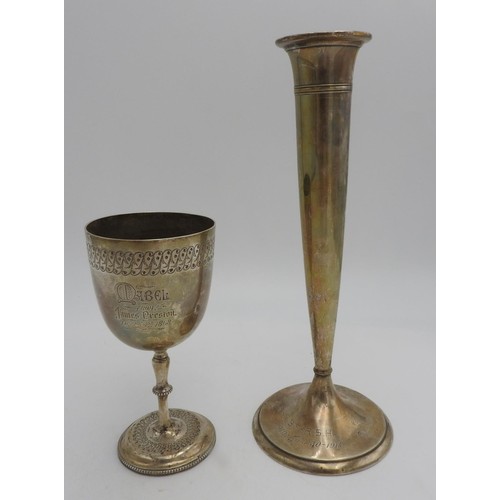 461 - A VICTORIAN HALLMARK SILVER PRESENTATION GOBLET, 14cm high,  AND STERLING SILVER SPILL VASE,23cm hig... 