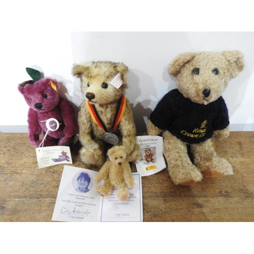 398 - TWO STEIFF SMALL BEARS, 'LUCKY' BEAR AND ROYAL CROWN DERBY BEAR, 26cm and smaller