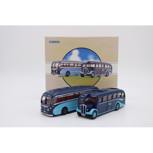 432 - A SET OF TWO LIMITED EDITION CORGI COACHES, in York Brothers blue livery, Burlington Seagull 18cm an... 