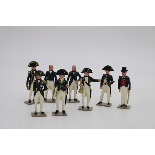 435 - A BOXED SET OF EIGHT 1805 ERA ROYAL NAVY OFFICER MODELS INCLUDING LORD NELSON, 1/30 scale, hand pain... 