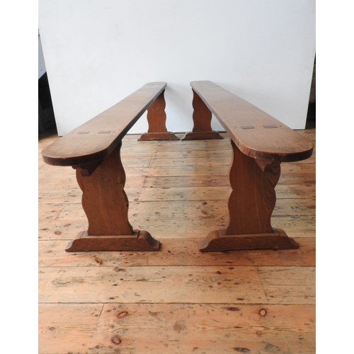 20 - A PAIR OF FRENCH 19th CENTURY OAK SHAPED END FARMHOUSE BENCHES, 48 X 216 X 19cms