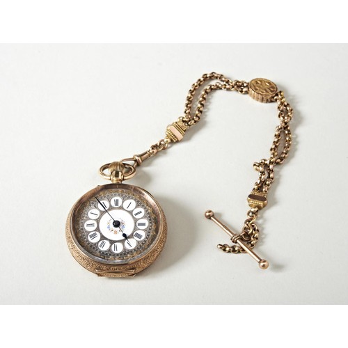 451 - A 14K GOLD FOB WATCH WITH 9ct WATCH CHAIN