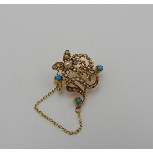 510 - SEED PEARL AND TURQUOISE SET FLORAL BROOCH