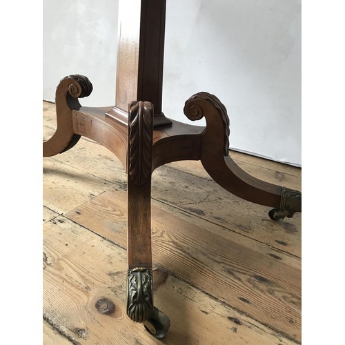 28 - A EARLY 19th CENTURY CROSSBANDED MAHOGANY CARD TABLE, on central tapered pedestal with carved acanth... 