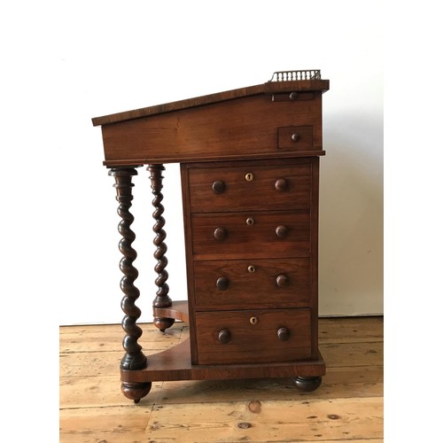 29 - A GEORGIAN ROSEWOOD DAVENPORT WITH FITTED INTERIOR, a brass gallery back, four drawers and four fals... 