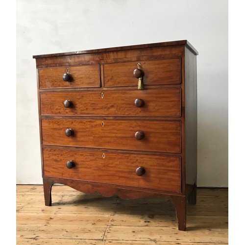 35 - A 19th CENTURY MAHOGANY CHEST OF FIVE DRAWERS ON SPLAYED BRACKET FEET, two short drawers over three ... 