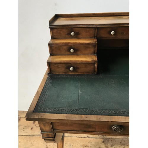 43 - A VERY GOOD QUALITY REPRODUCTION YEW WOOD LEATHER TOP WRITING DESK, with 8 small stationary drawers ... 