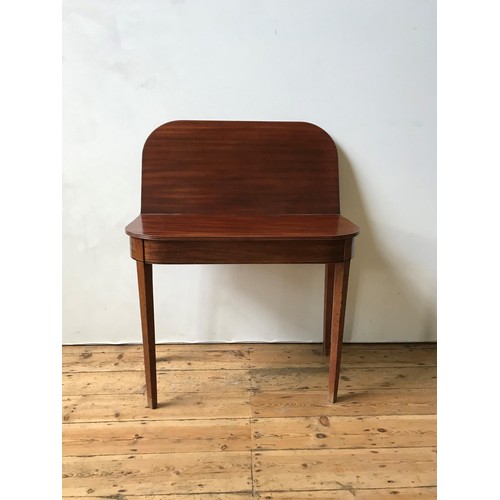 47 - A GEORGE III MAHOGANY FOLDING TEA TABLE, with narrow band of diamond pattern inlay 73 x 45 x 91cms