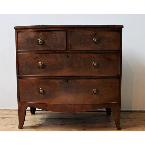 59 - A GEORGE III MAHOGANY BOW-FRONT CHEST OF FOUR DRAWERS, 89 x 89 x 45cms, two short drawers over two l... 