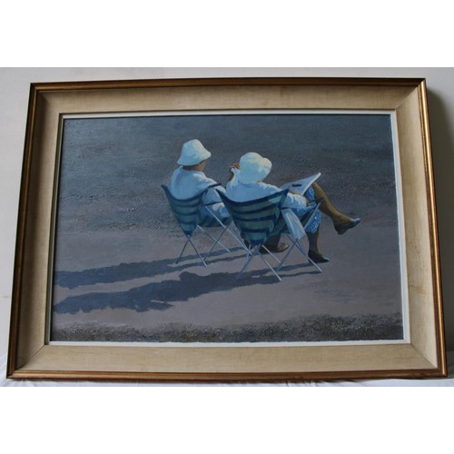 63 - DENNIS SYRETT (b.1934)COUPLE IN FOLDING CHAIRS ON THE BEACHoil on canvas, signed lower right, framed... 