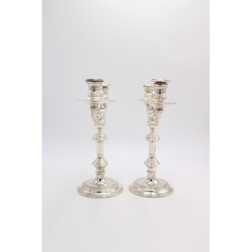 462 - A PAIR OF HALLMARK SILVER THREE BRANCH CANDELABRA, London 1972, 27cm high, 48.5oz total weight inc. ... 