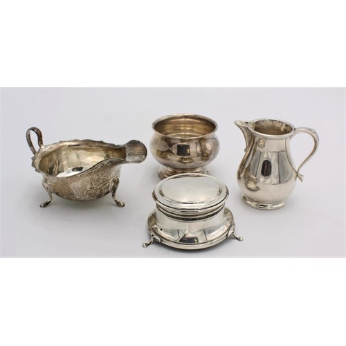 466 - A HALLMARK SILVER SPARROW BEAK JUG, GRAVY BOAT, SMALL SUGAR BOWL AND INWELL-STYLE BOX, 14.5 oz in to... 