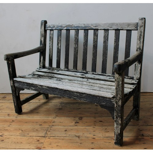 107 - WEATHERED SLATTED GARDEN BENCH, 96 x 122 x 50cms