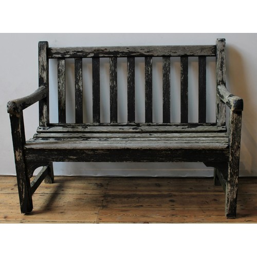 107 - WEATHERED SLATTED GARDEN BENCH, 96 x 122 x 50cms