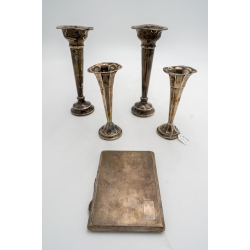 477 - A PAIR OF HALLMARK SILVER FLUTED TAPERED VASES, A PAIR OF LARGER TAPERED SILVER VASES AND A CIGARETT... 