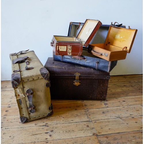 70 - CANVAS COVERED TRAVEL TRUNK, SUITCASES AND VINTAGE TIN TRUNK (4)