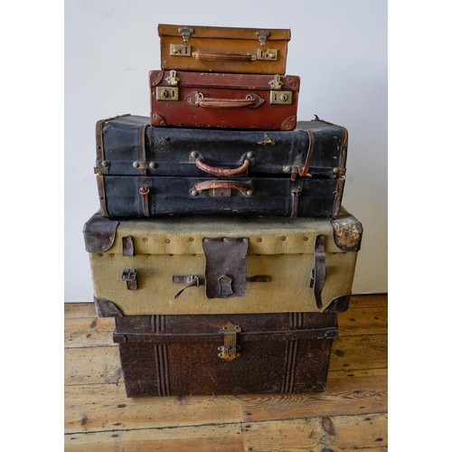 70 - CANVAS COVERED TRAVEL TRUNK, SUITCASES AND VINTAGE TIN TRUNK (4)