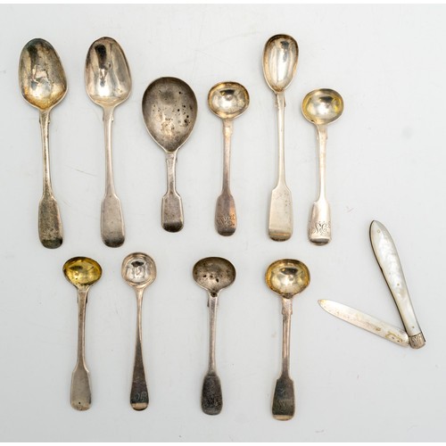 482 - A COLLECTION OF SEVEN HALLMARK SILVER SALT SPOONS, TWO SILVER TEA SPOONS, CHRISTENING SPOON AND POCK... 