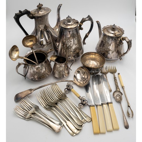 483 - A SILVER PLATED TEA SERVICE, COFFEE POT AND COLLECTION OF PLATED CUTLERY, with an ornate plated tea ... 