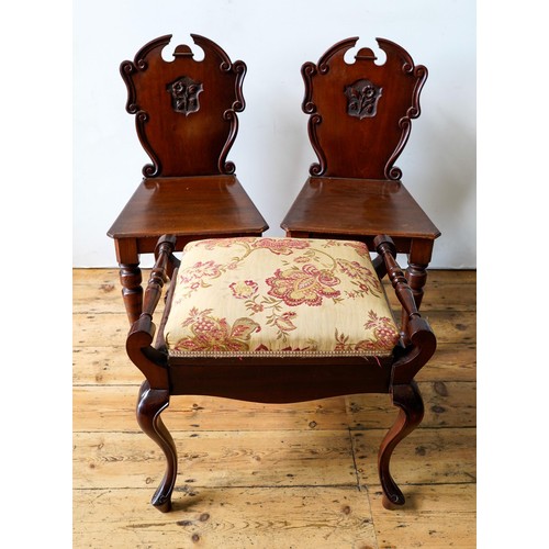 78 - A PAIR OF VICTORIAN MAHOGANY HALL CHAIRS AND A PIANO STOOL, the chairs measuring 88 x 44cms