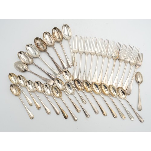 488 - A COLLECTION OF VICTORIAN HALLMARK SILVER RAT TAIL FLAT WARE, comprising of twelve forks, seven dess... 