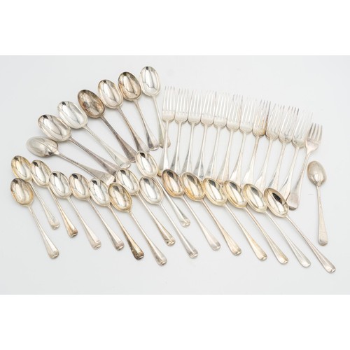 488 - A COLLECTION OF VICTORIAN HALLMARK SILVER RAT TAIL FLAT WARE, comprising of twelve forks, seven dess... 