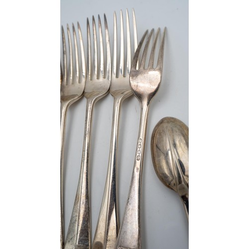 488 - A COLLECTION OF VICTORIAN HALLMARK SILVER RAT TAIL FLAT WARE, comprising of twelve forks, seven dess... 