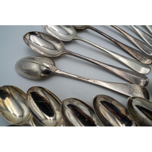 488 - A COLLECTION OF VICTORIAN HALLMARK SILVER RAT TAIL FLAT WARE, comprising of twelve forks, seven dess... 