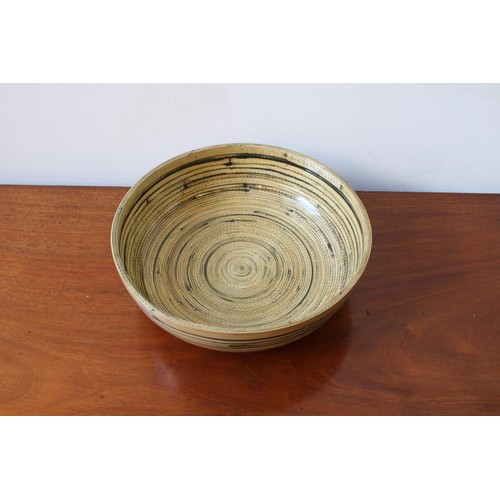 116 - A LACQUERED BAMBOO CIRCULAR BOWL, 10cm high x 30cm dia