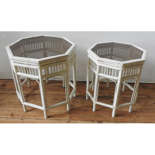 85 - A CREAM PAINTED 'CRACKED ICE' STYLE BAMBOO CHAIR AND TWO OCTAGONAL GLASS TOP BAMBOO TABLES