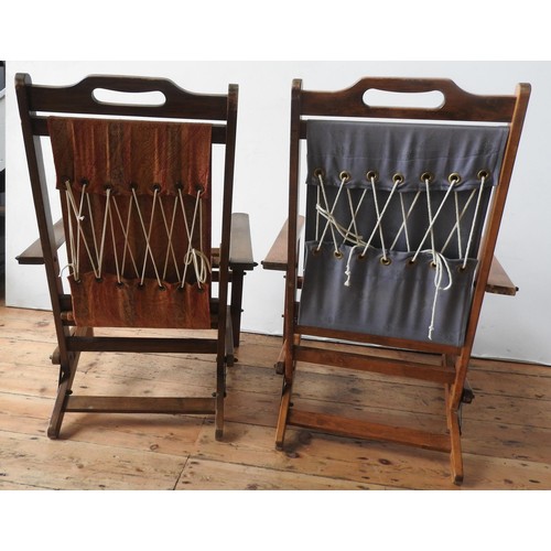 86 - TWO FOLDING WOODEN PATIO CHAIRS WITH LOOSE CANVAS SEATS AND BACKS, ONE CHAIR BEARING A MULBERRY PLAQ... 