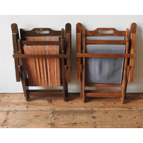 86 - TWO FOLDING WOODEN PATIO CHAIRS WITH LOOSE CANVAS SEATS AND BACKS, ONE CHAIR BEARING A MULBERRY PLAQ... 