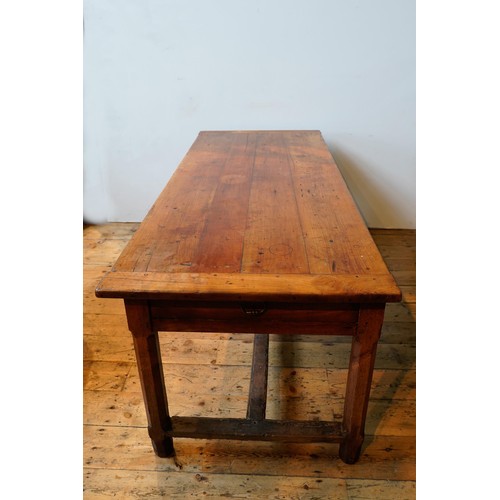 87 - A 19TH CENTURY FRENCH OAK FARMHOUSE TABLE WITH 3 DRAWERS, on turned legs supported be a stretcher ba... 