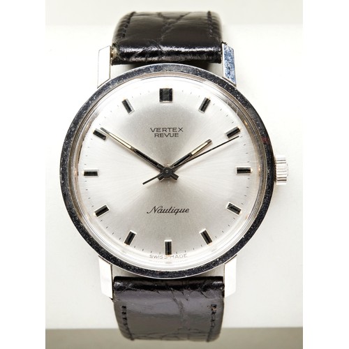 13 - VERTEX REVUE NAUTIQUE STEEL WATCH, c1960s, with baton numerals and silvered dial and later leather s... 