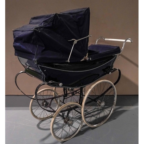 6 - A WILSON 'COACH BUILT' PRAM WITH DARK BLUE LIVERY, curved coach springs and pull-over fabric hood an... 